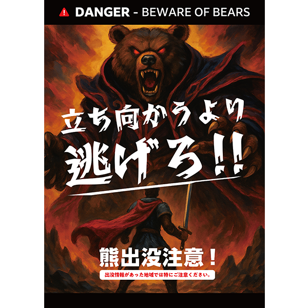 ゲームソフトをイメージした、熊出没注意のポスター・張り紙の無料テンプレート03-縦タイプ