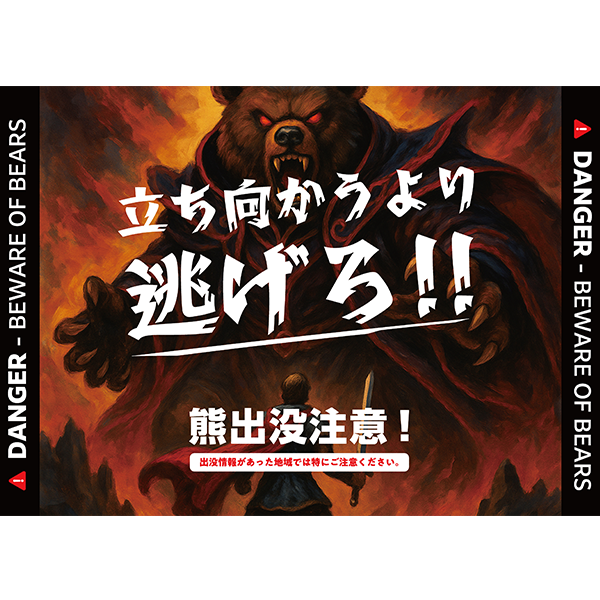 ゲームソフトをイメージした、熊出没注意のポスター・張り紙の無料テンプレート02-横タイプ